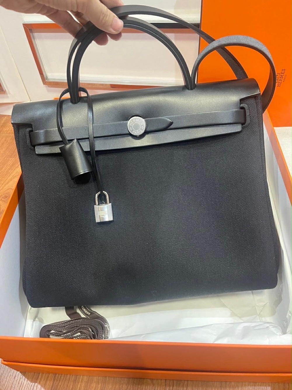 Hermès Herbag Zip 31 Noir/Black Canvas & Vache Hunter Leather Palladium